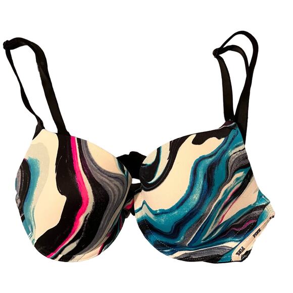 PINK Multi-Color Blue Tie Dye Wear Everywhere Lightly Lined T-Shirt Bra 32C - Picture 2 of 7